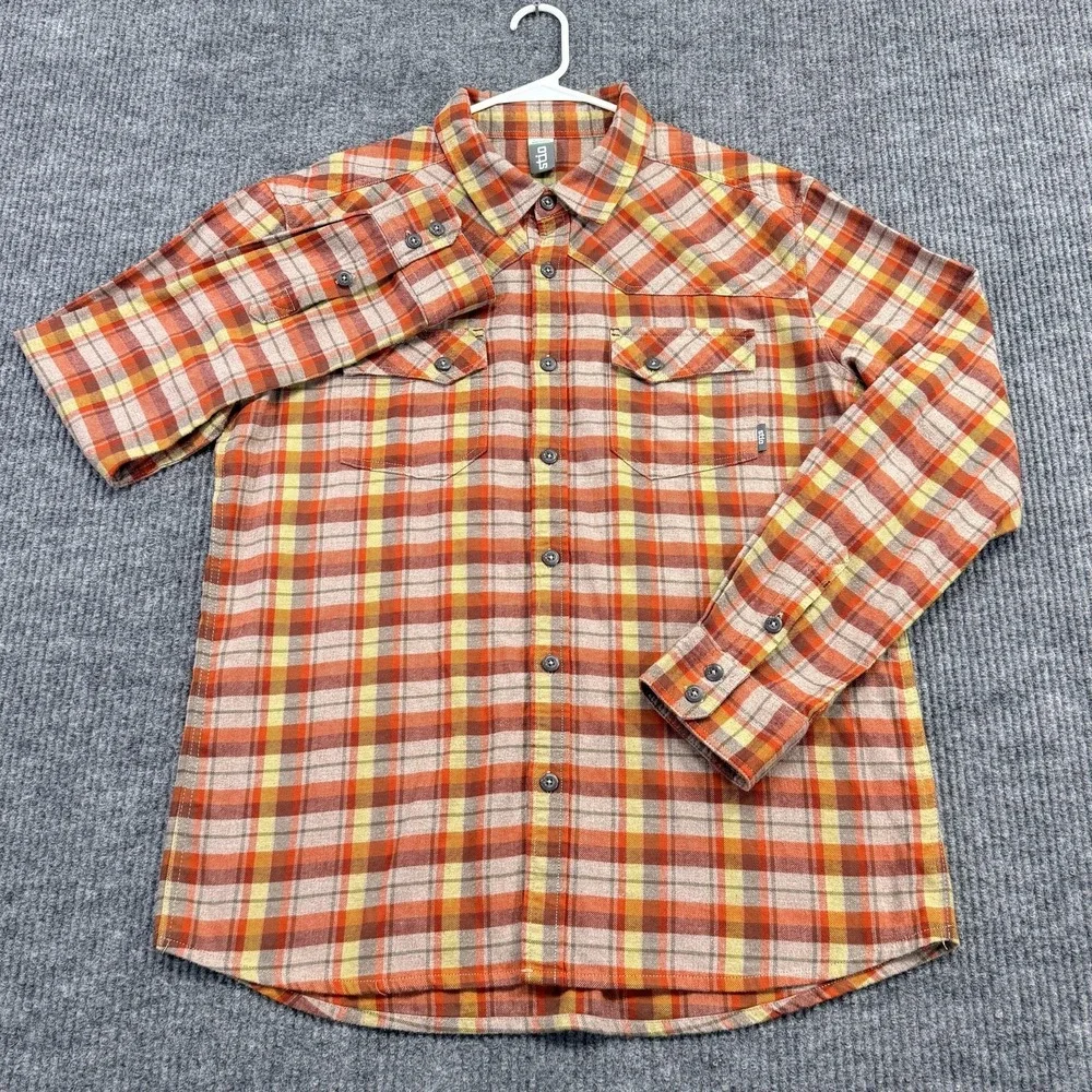 Stio Shirt Mens XL Orange Plaid Flannel Button Up Long Sleeve Outdoor Casual